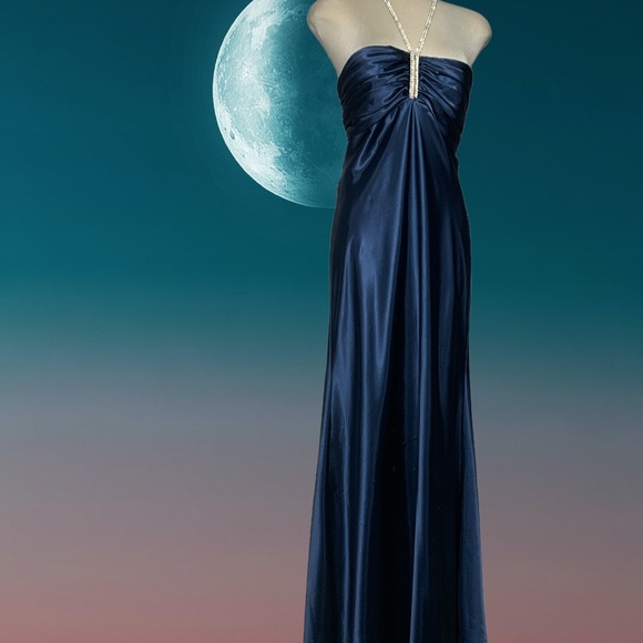 Gorgeous Designer Dark Blue Strapless Rhinestone Gown Maxi Dress Size XL Grande - Picture 12 of 17